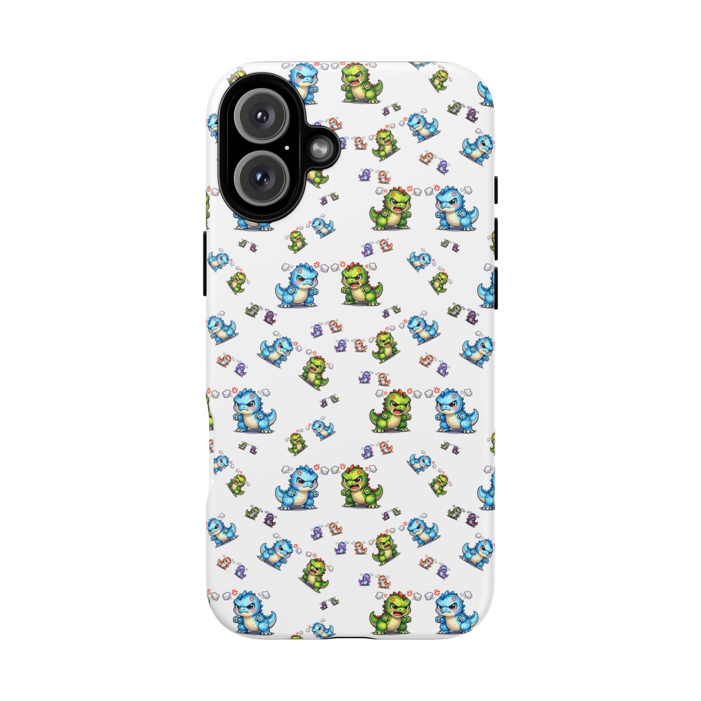 Cute Dino Pattern Phone Case — Cartoon Green & Blue Dino Tough Case, Protective iPhone Cover