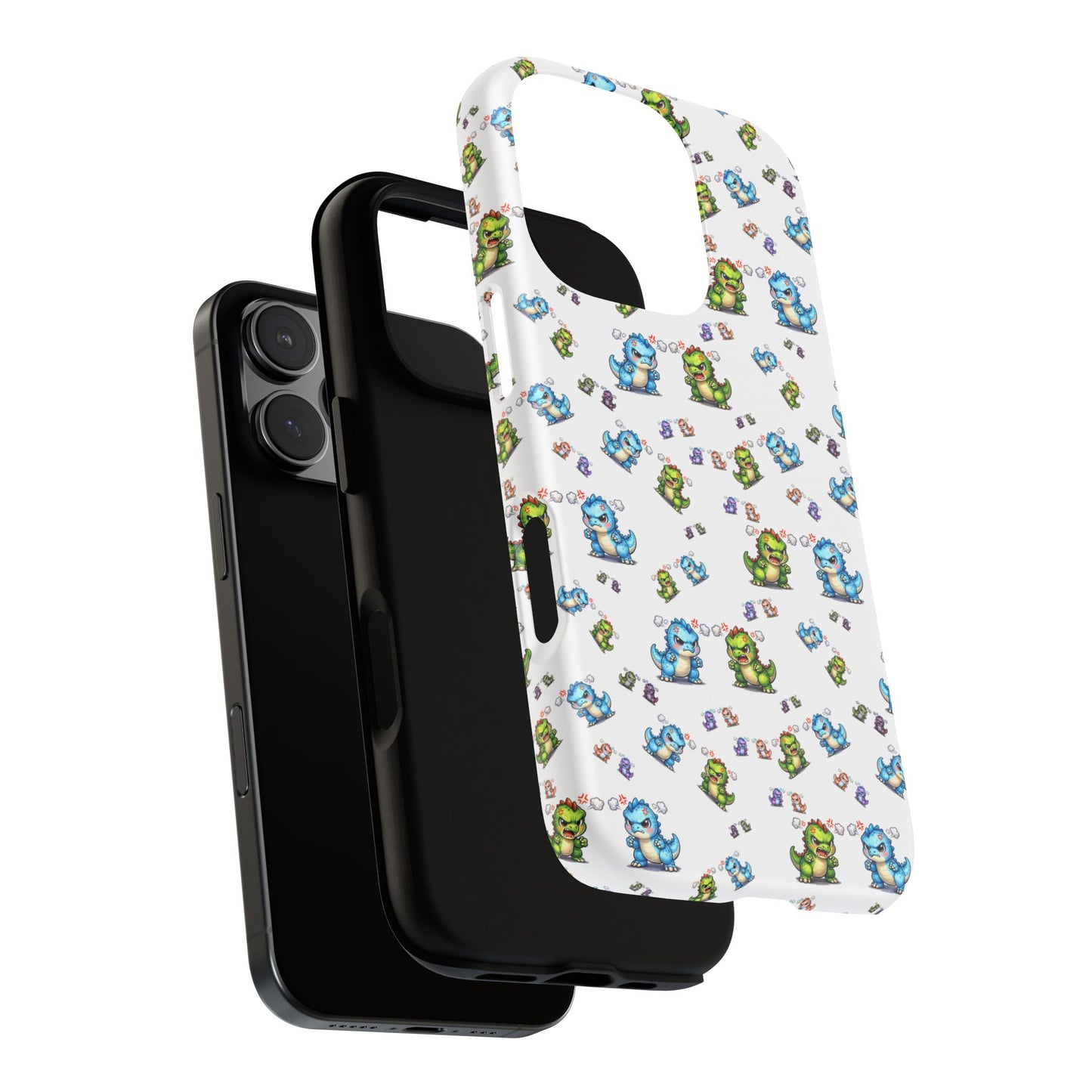 Cute Dino Pattern Phone Case — Cartoon Green & Blue Dino Tough Case, Protective iPhone Cover