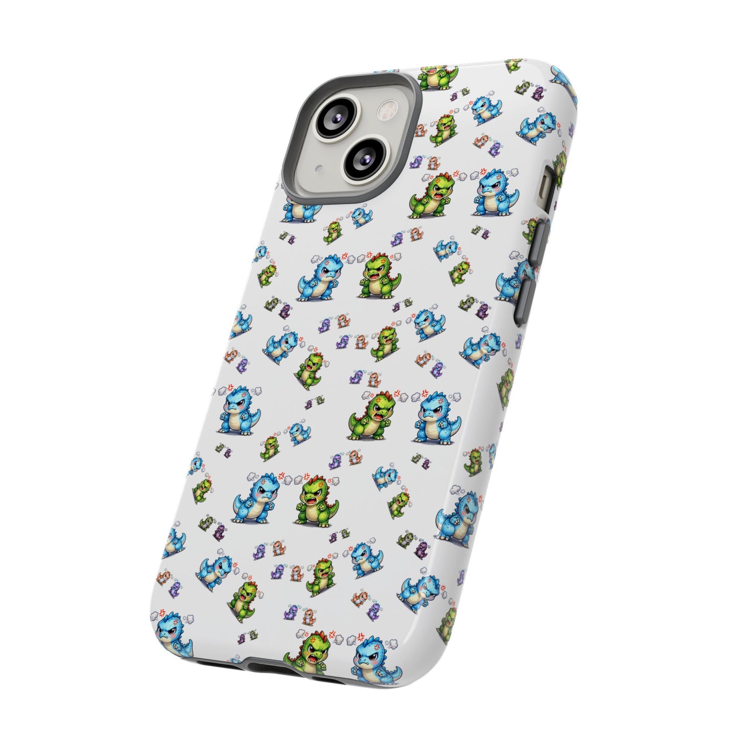 Cute Dino Pattern Phone Case — Cartoon Green & Blue Dino Tough Case, Protective iPhone Cover