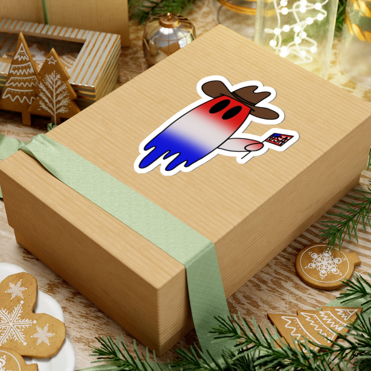 Patriotic Cowboy Ghost Sticker — Red White & Blue Flag Kiss-Cut Sticker