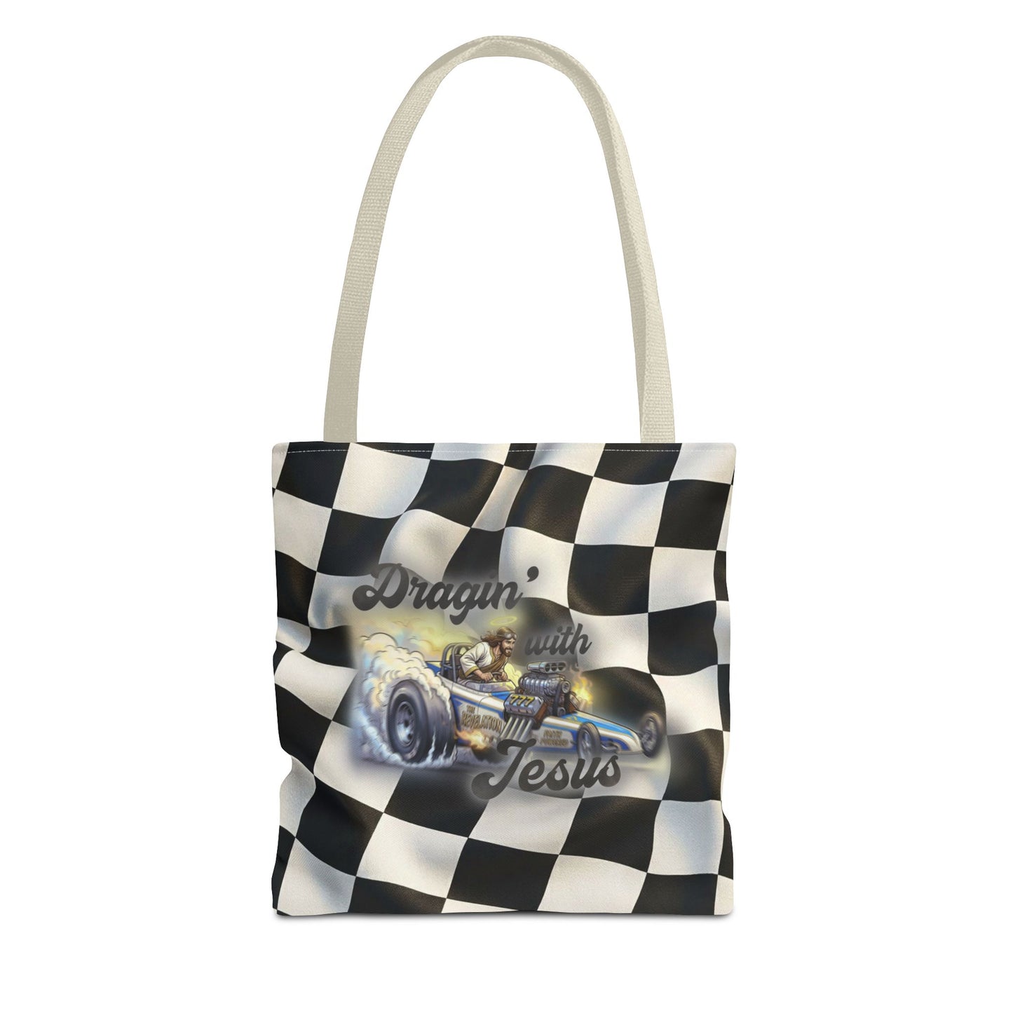 Dragin' Jesus Racing Tote Bag — Checkered Flag Vintage Hot Rod Tote