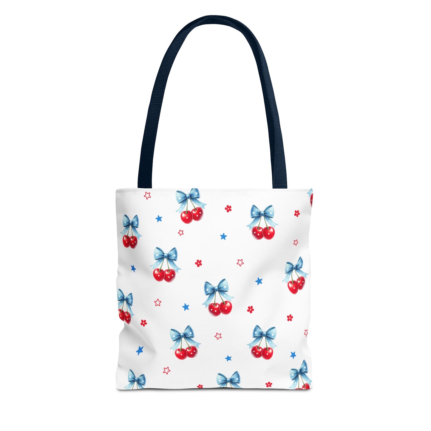 Cherry Bow Tote Bag — Cute Red Cherries with Blue Bows Patterned Shopper