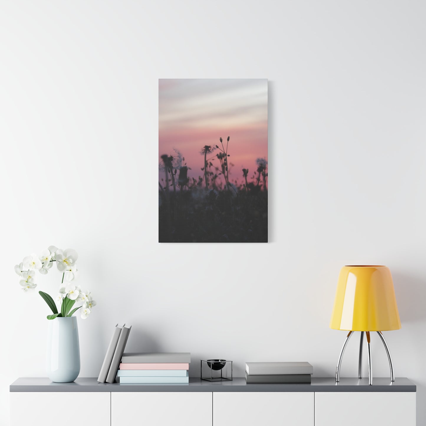 Canvas Wall Art - Silhouetted Wildflowers at Pink Sunset