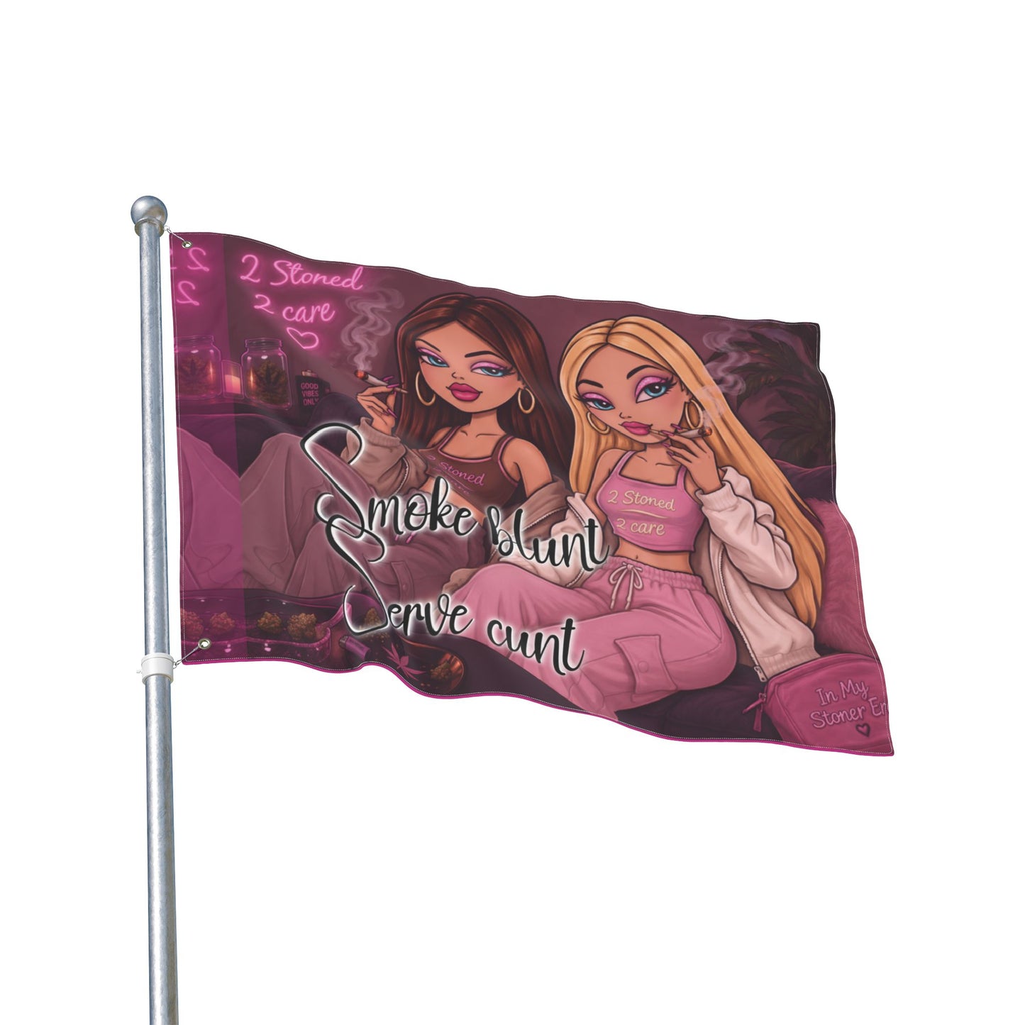 Double-Sided Flag - 'Smoke blunt Serve cunt' Pink Stoner Girl Decorative Garden Banner