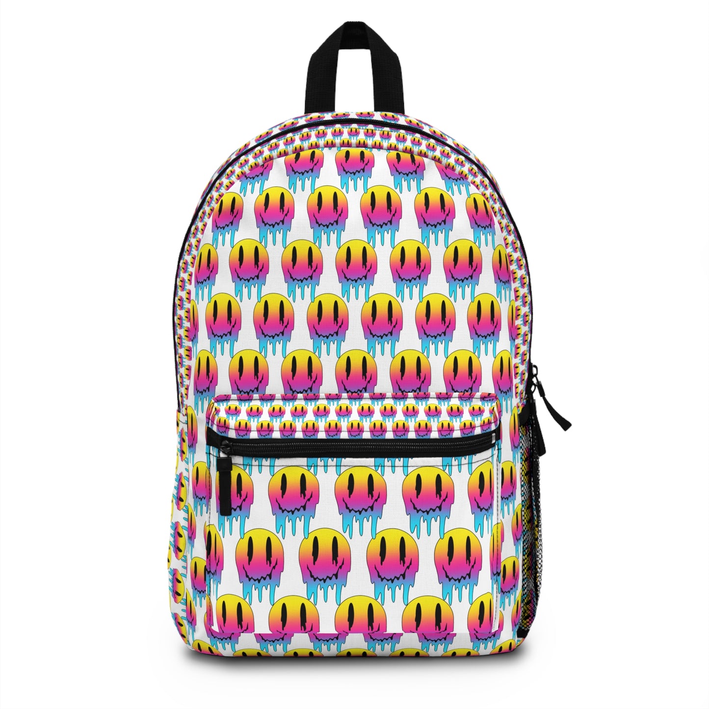 Colorful Drip Smile Backpack — Neon Rainbow Melting Emoji Pattern School Bag