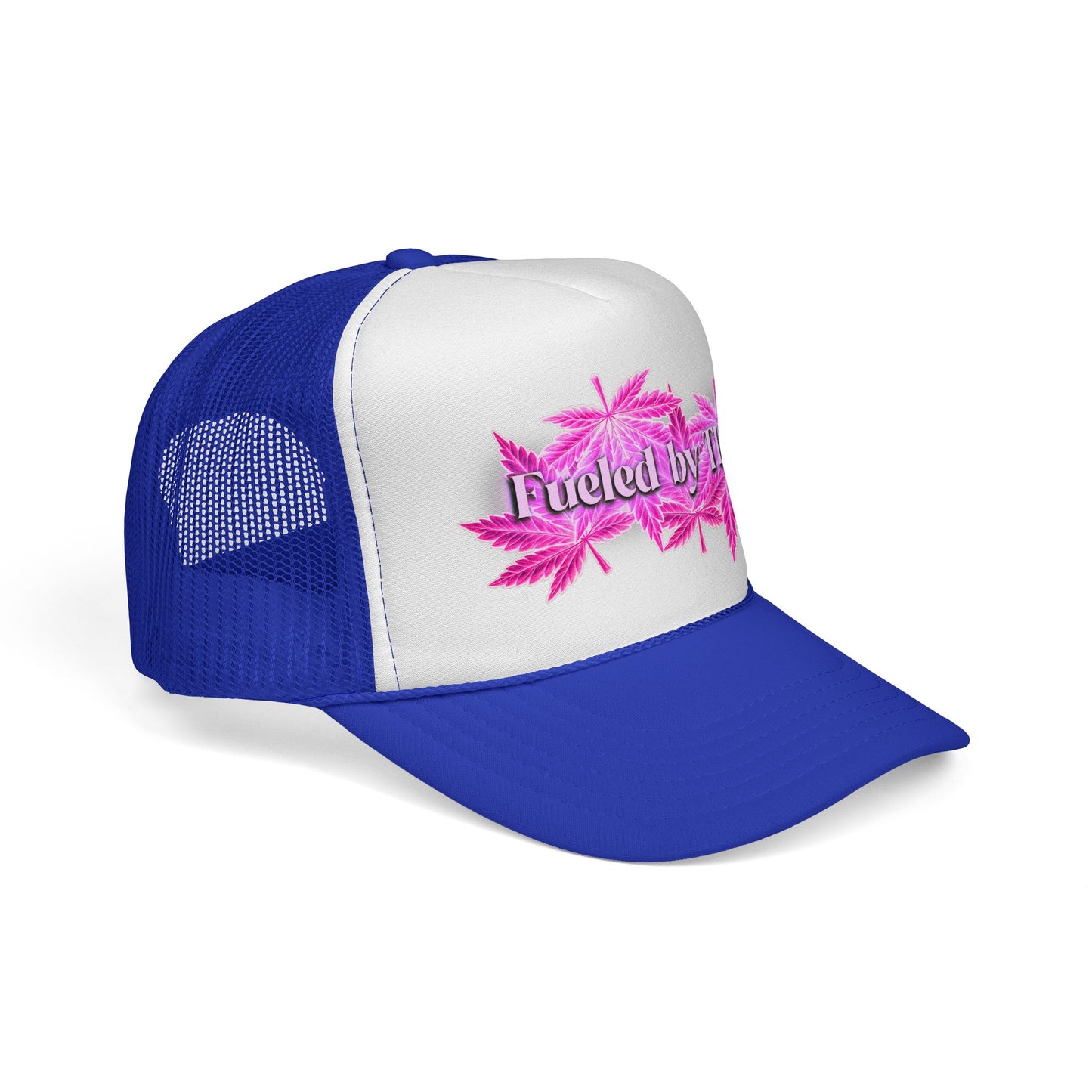 Trucker Cap — 'Fueled by THC' Pink Cannabis Leaf Mesh Hat