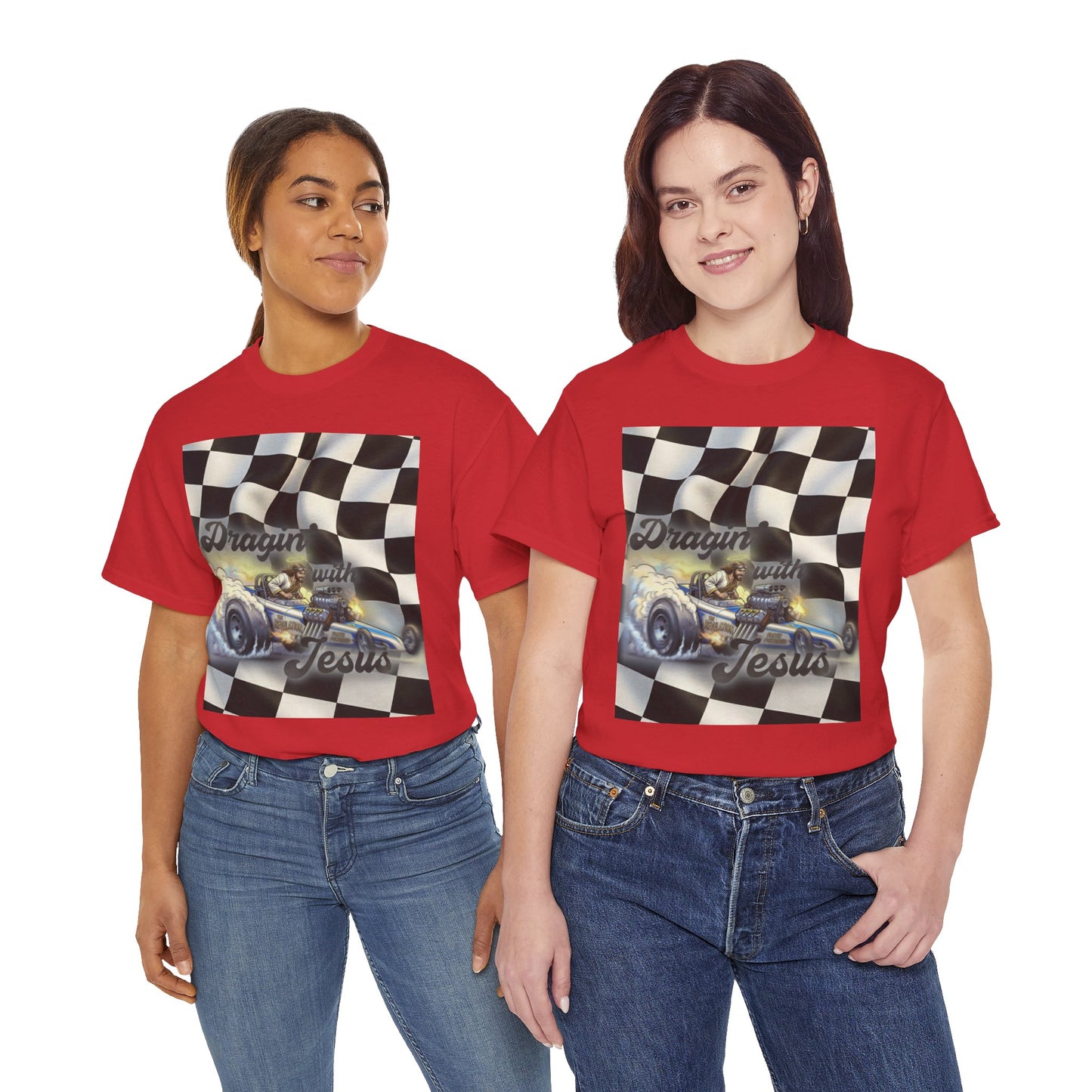 Racing Faith Tee – "Draggin' for Jesus" Checkered Flag Racing T-Shirt