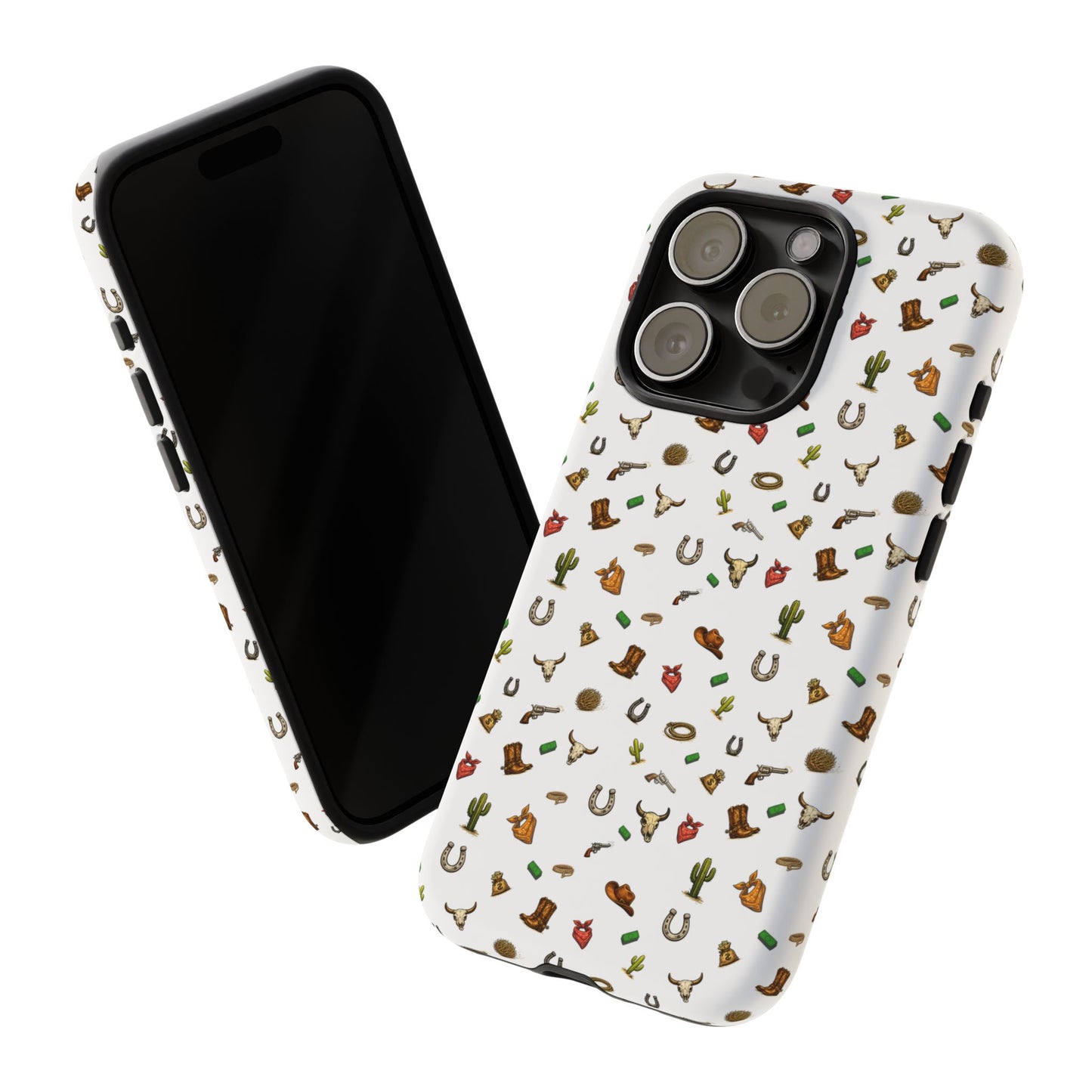 Western Cowboy Pattern Phone Case — Rodeo Hat, Horseshoe & Cactus Tough Case
