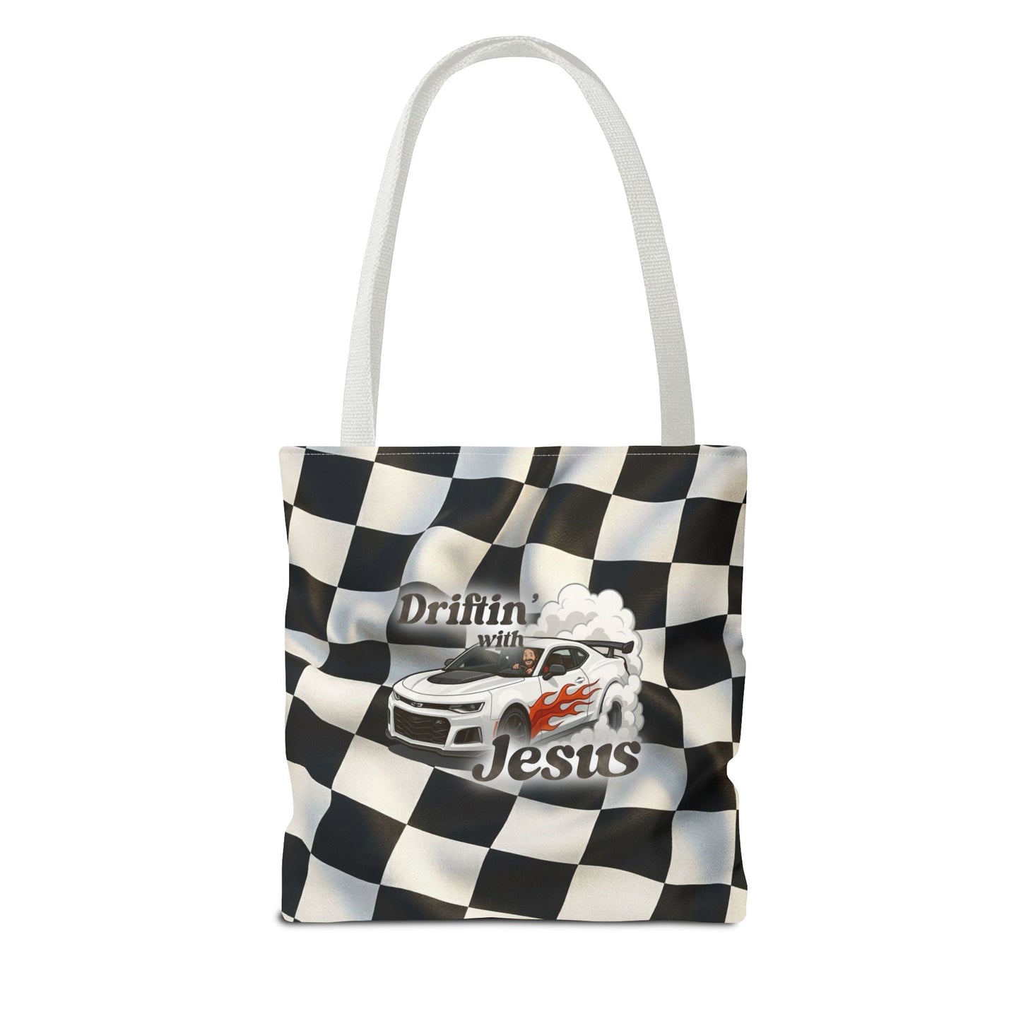 Driftin' with Jesus Racing Tote Bag - Checkered Flag Christian Car Gift