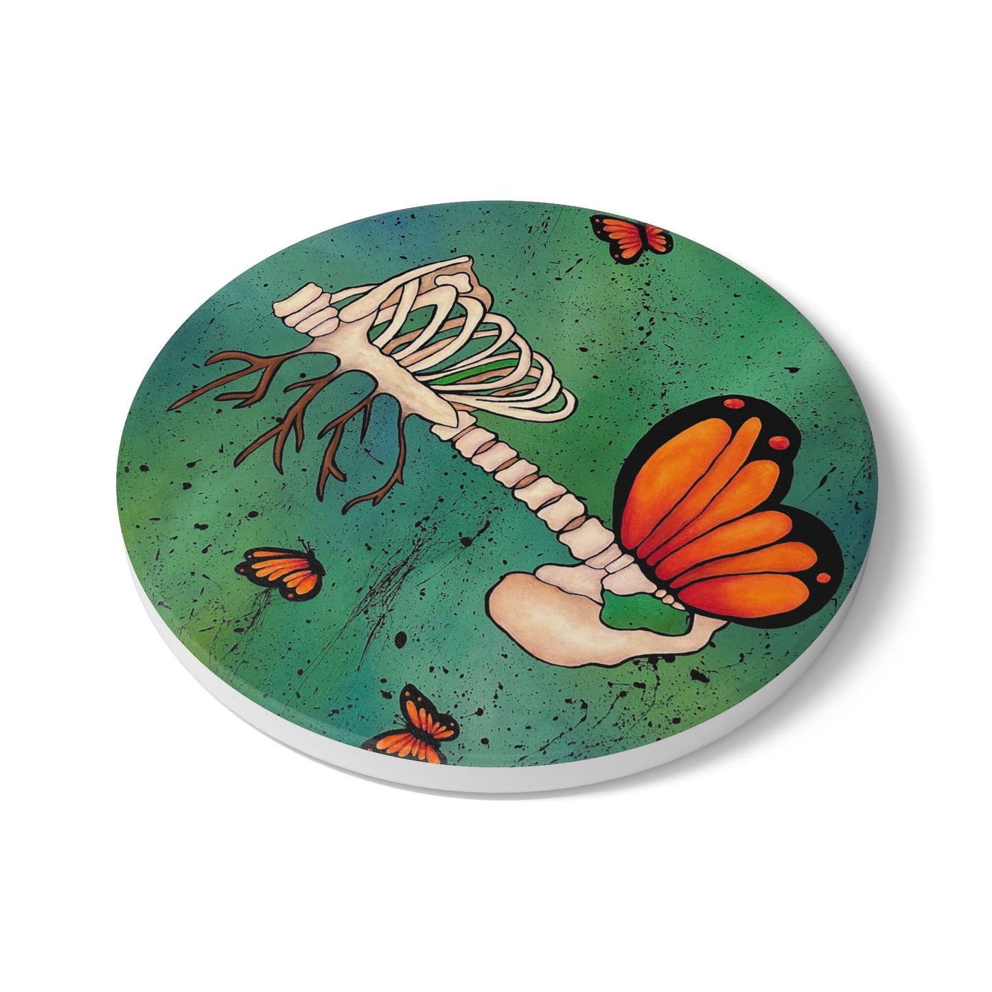 Skeleton & Monarch Butterfly Ceramic Coaster — Gothic Nature Drink Coaster