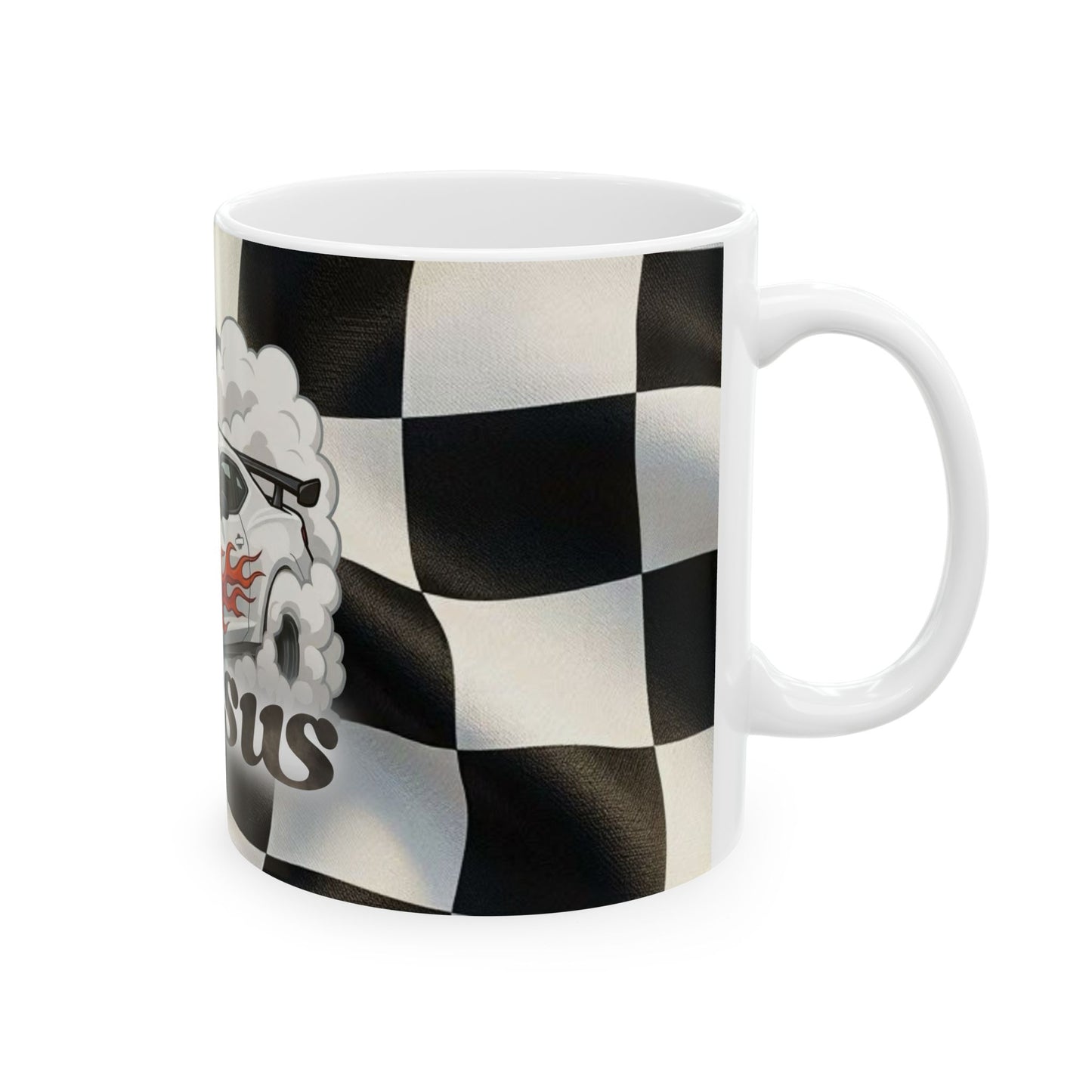 Driftin' with Jesus Ceramic Mug — Racing Checkered Design with Faith Car Graphic (11oz/15oz)