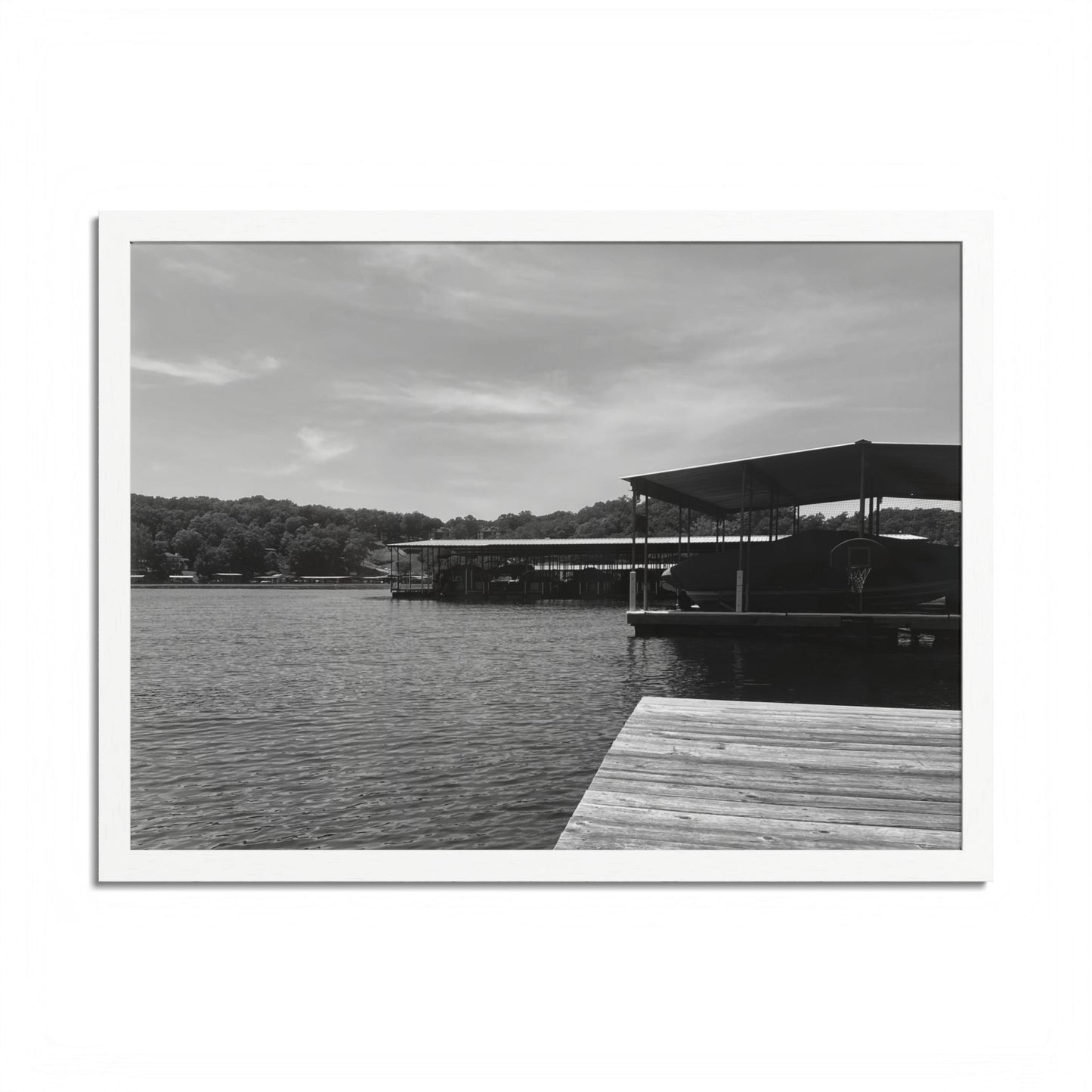 Lake Dock Framed Poster — Black & White Waterfront Wall Art