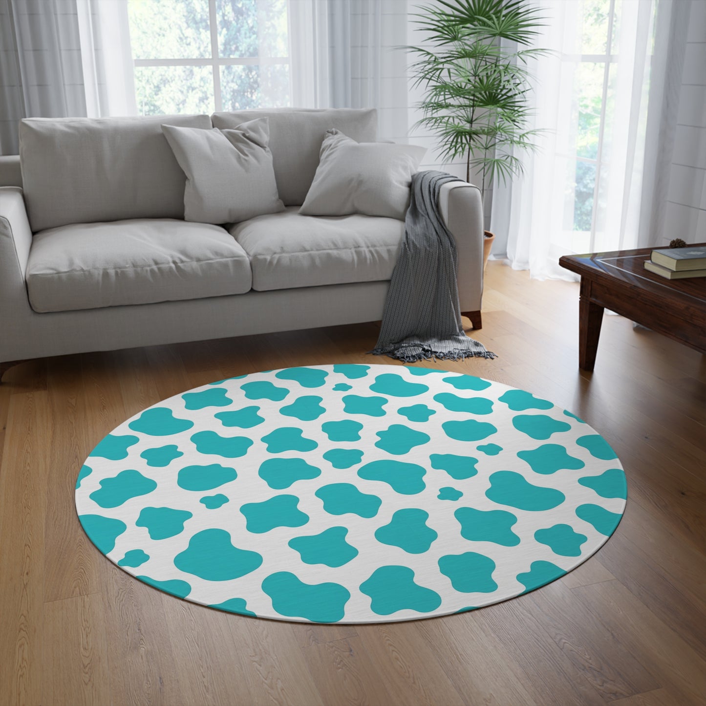 Teal cow print Round Rug — Modern Animal Print Accent Mat