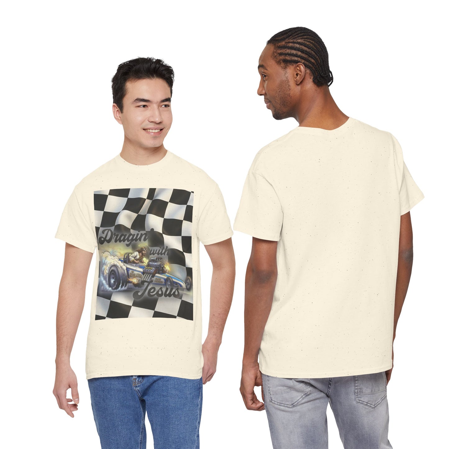 Racing Faith Tee – "Draggin' for Jesus" Checkered Flag Racing T-Shirt