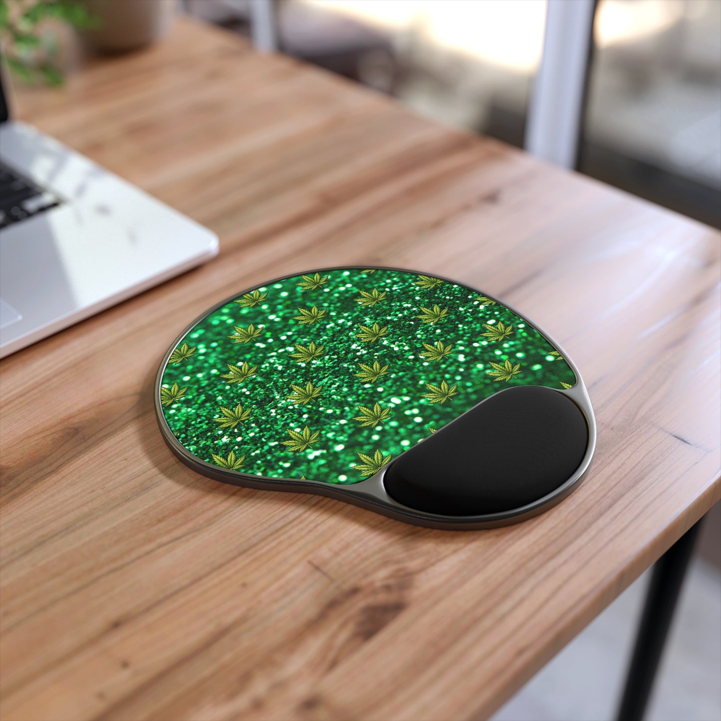 Green Glitter Cannabis Leaf Mouse Pad with Ergonomic Wrist Rest
