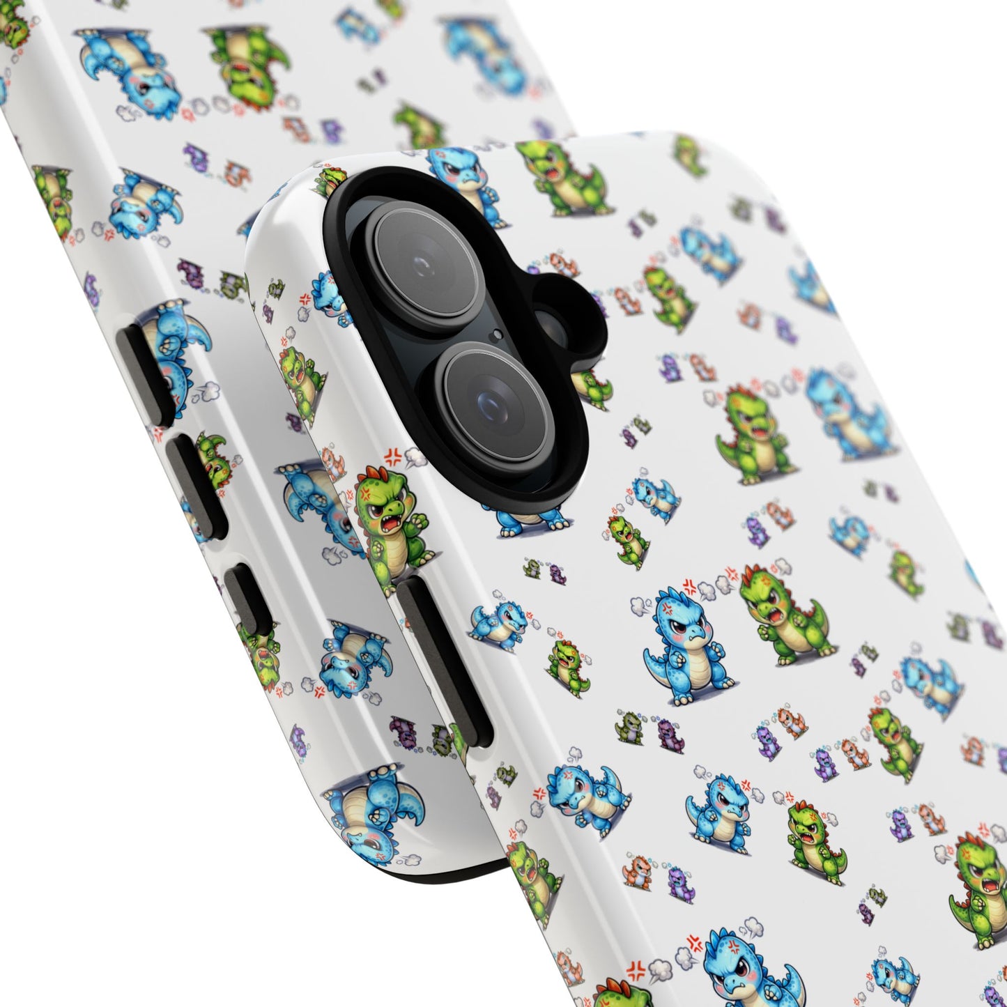 Cute Dino Pattern Phone Case — Cartoon Green & Blue Dino Tough Case, Protective iPhone Cover