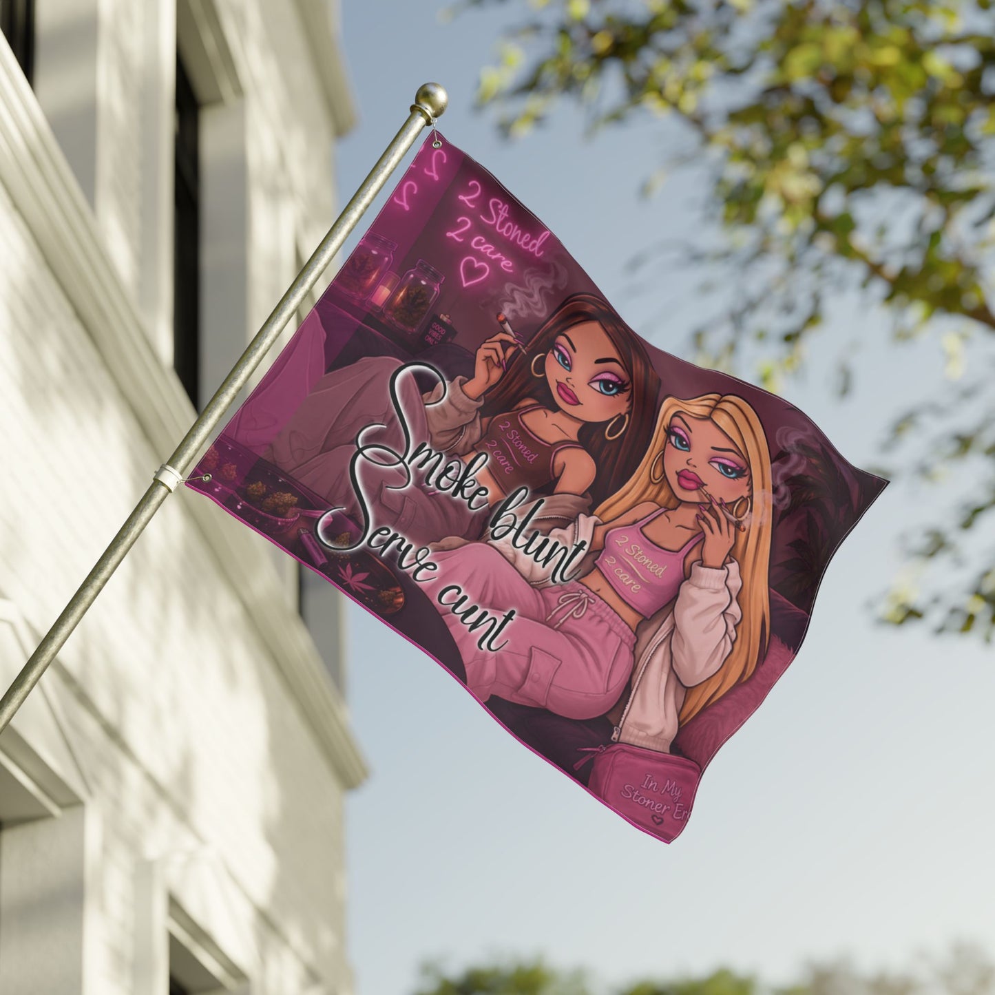 Double-Sided Flag - 'Smoke blunt Serve cunt' Pink Stoner Girl Decorative Garden Banner