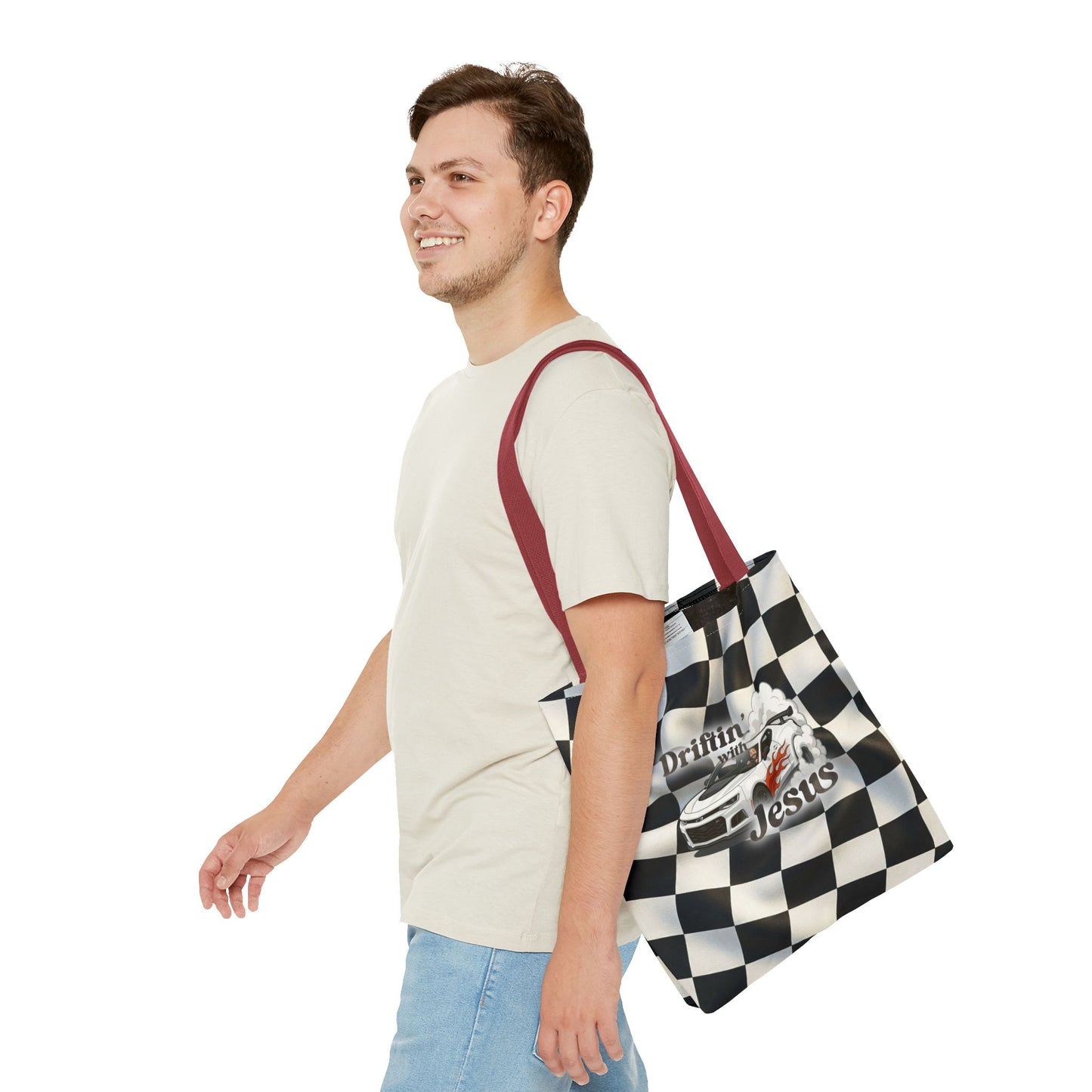 Driftin' with Jesus Racing Tote Bag - Checkered Flag Christian Car Gift