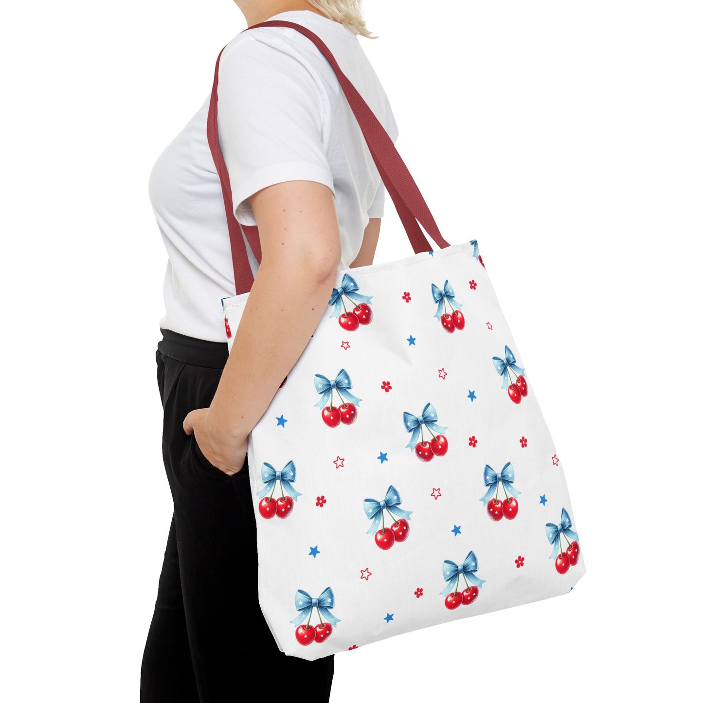 Cherry Bow Tote Bag — Cute Red Cherries with Blue Bows Patterned Shopper