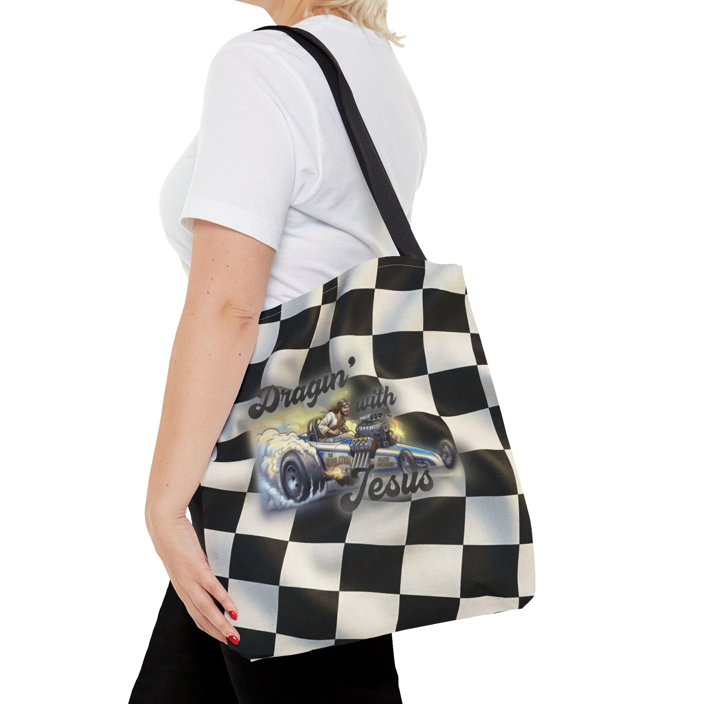Dragin' Jesus Racing Tote Bag — Checkered Flag Vintage Hot Rod Tote