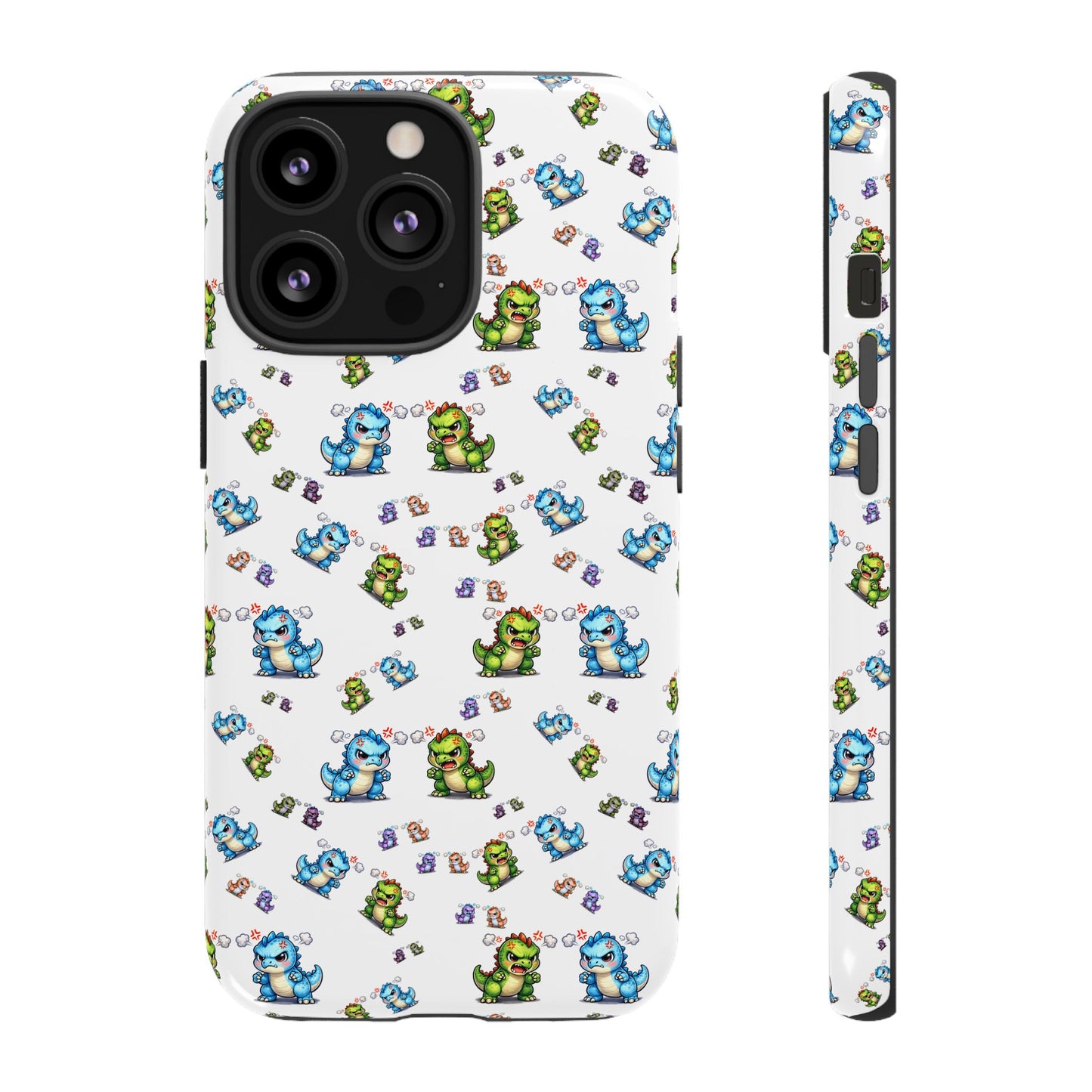 Cute Dino Pattern Phone Case — Cartoon Green & Blue Dino Tough Case, Protective iPhone Cover