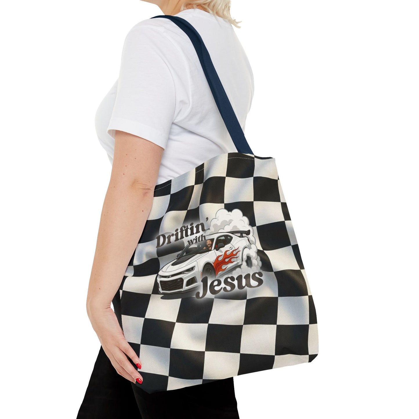 Driftin' with Jesus Racing Tote Bag - Checkered Flag Christian Car Gift