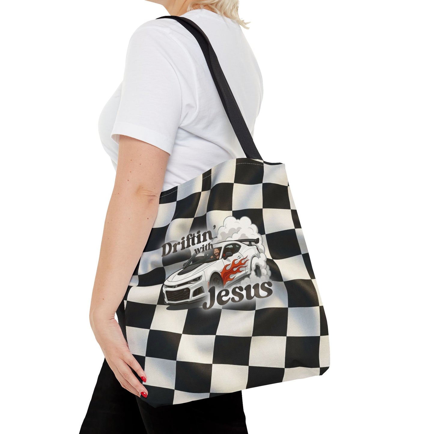 Driftin' with Jesus Racing Tote Bag - Checkered Flag Christian Car Gift