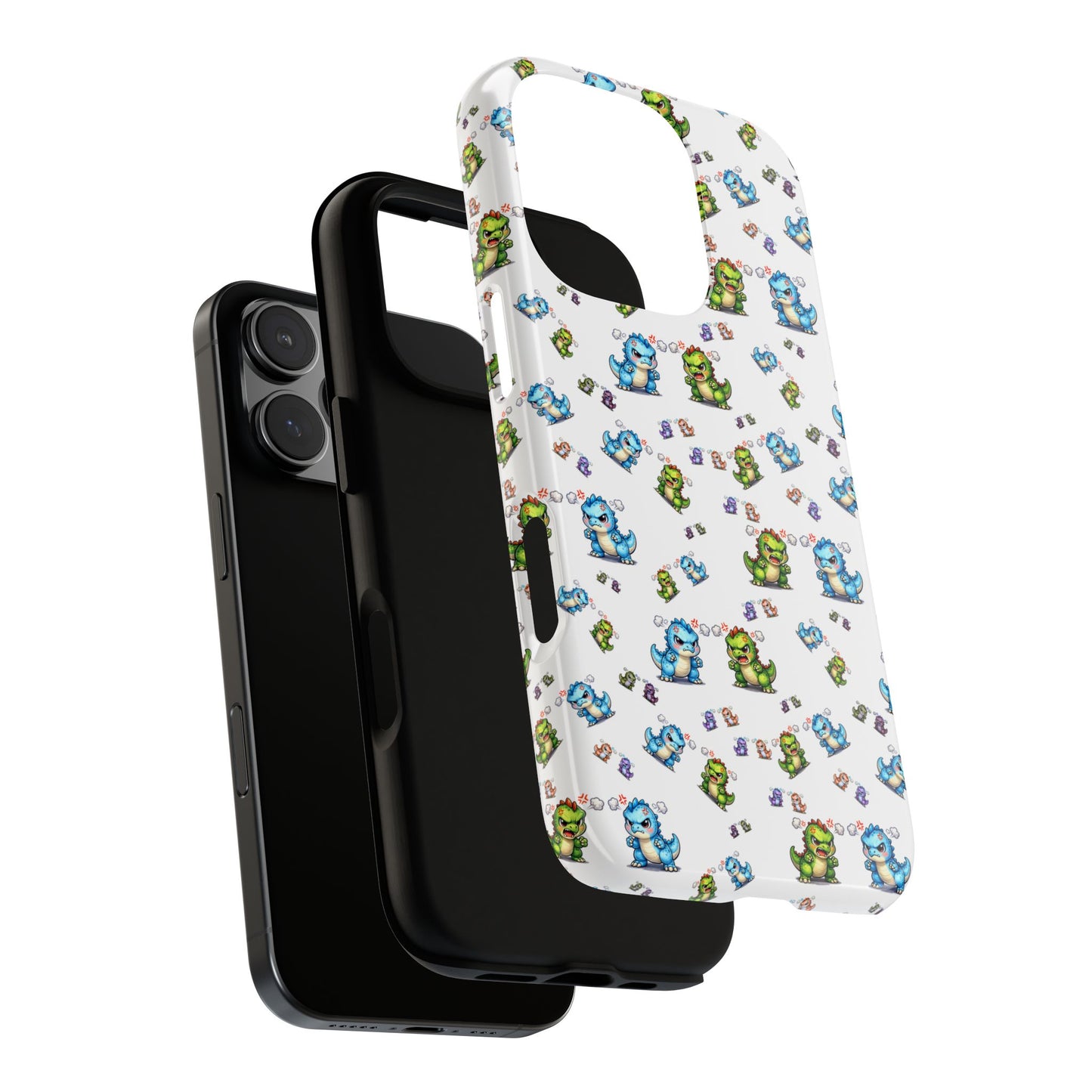 Cute Dino Pattern Phone Case — Cartoon Green & Blue Dino Tough Case, Protective iPhone Cover