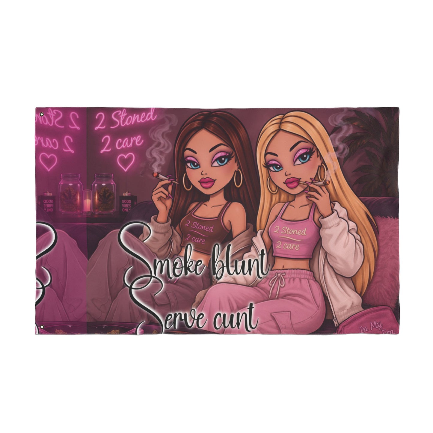 Double-Sided Flag - 'Smoke blunt Serve cunt' Pink Stoner Girl Decorative Garden Banner