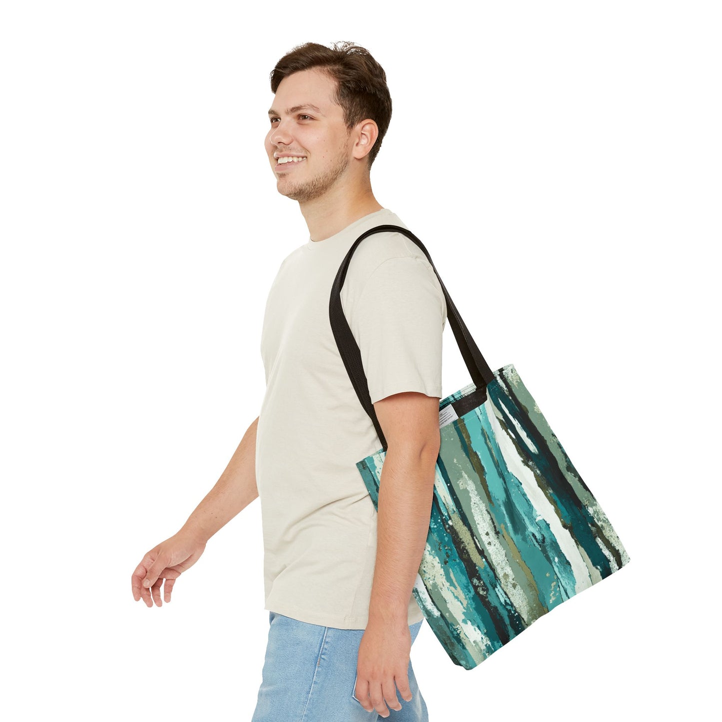 Abstract Teal Stripes Tote Bag — Vertical Brushstroke Pattern
