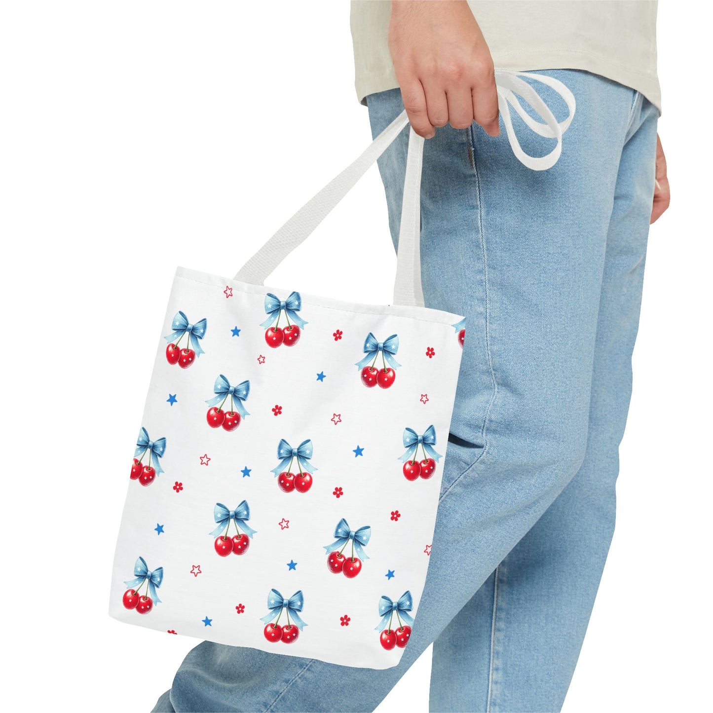 Cherry Bow Tote Bag — Cute Red Cherries with Blue Bows Patterned Shopper