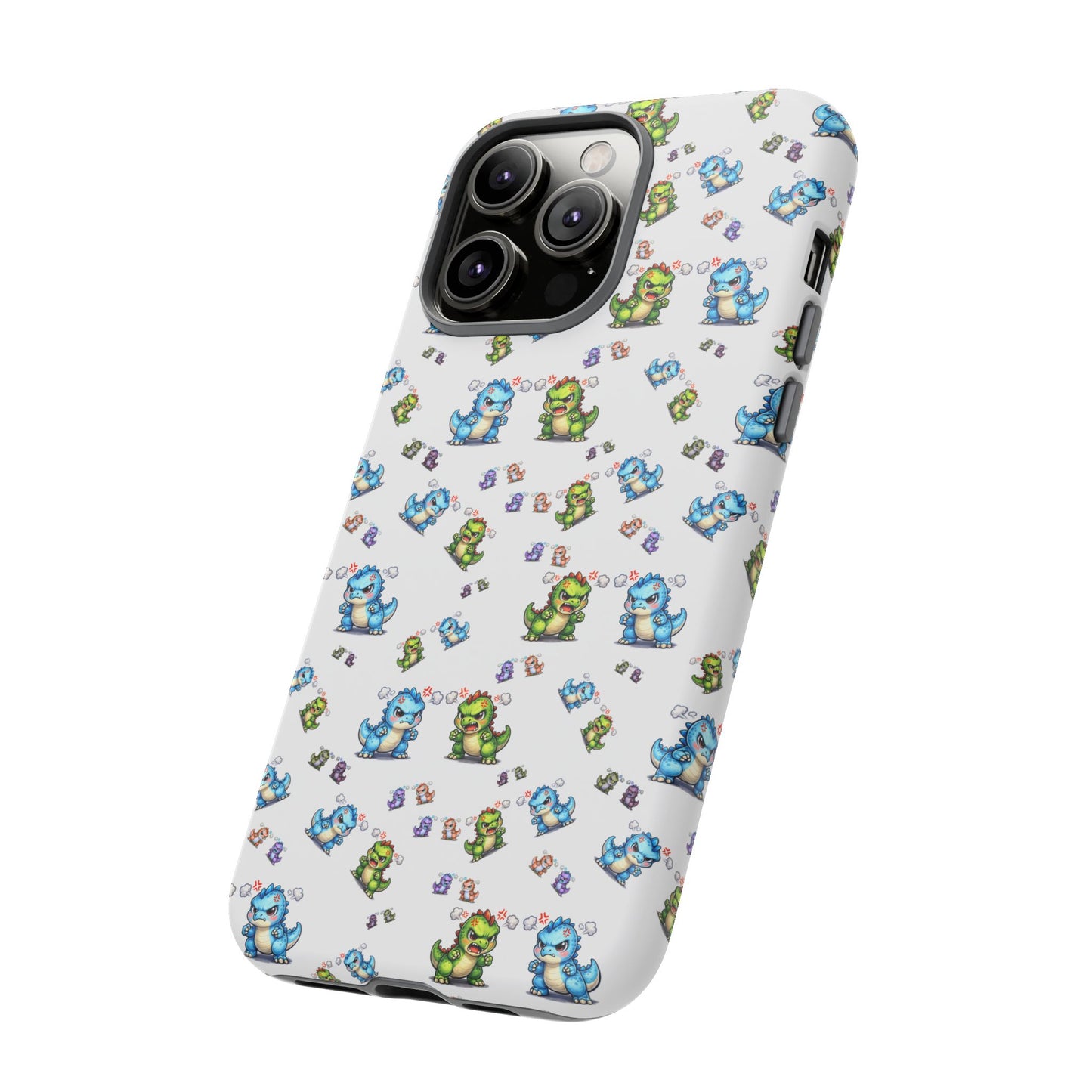Cute Dino Pattern Phone Case — Cartoon Green & Blue Dino Tough Case, Protective iPhone Cover