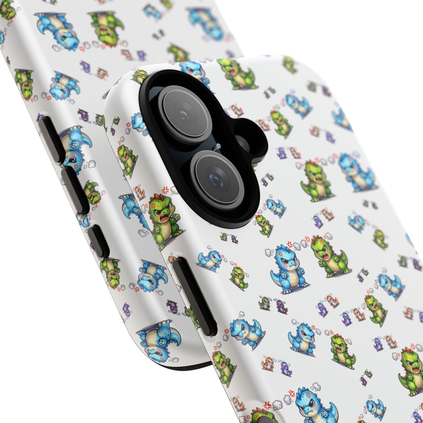 Cute Dino Pattern Phone Case — Cartoon Green & Blue Dino Tough Case, Protective iPhone Cover