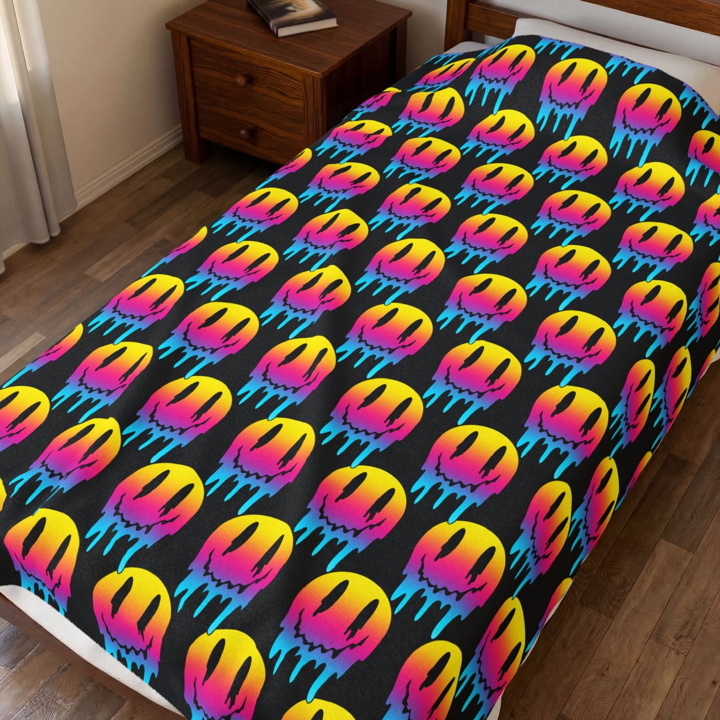 Velveteen Plush Blanket — Colorful Dripping Smiley Face Throw for Teens & Pop Art Lovers