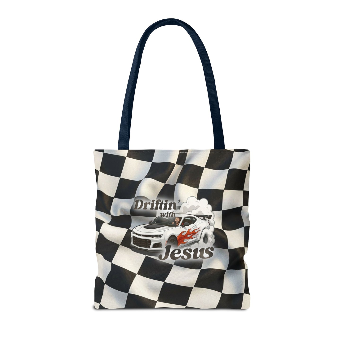 Driftin' with Jesus Racing Tote Bag - Checkered Flag Christian Car Gift