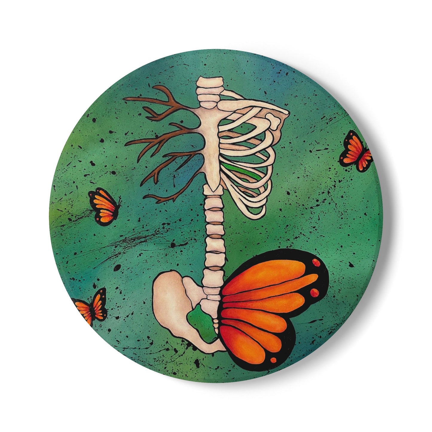 Skeleton & Monarch Butterfly Ceramic Coaster — Gothic Nature Drink Coaster