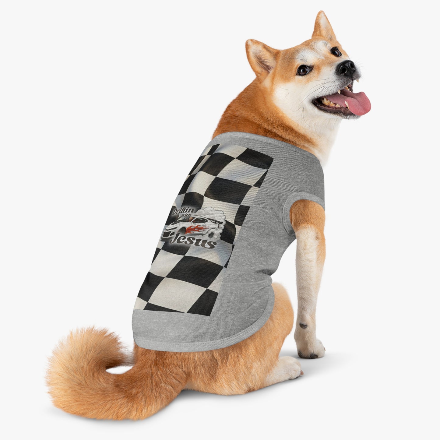 Pet Tank Top — "Driftin' with Jesus" Racing Flag Dog Shirt