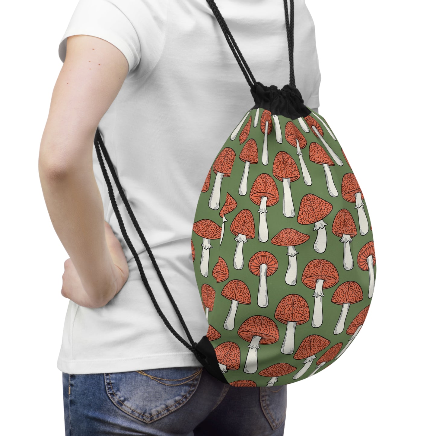 Mushroom Pattern Drawstring Bag — Retro Red Toadstool Gym Sack