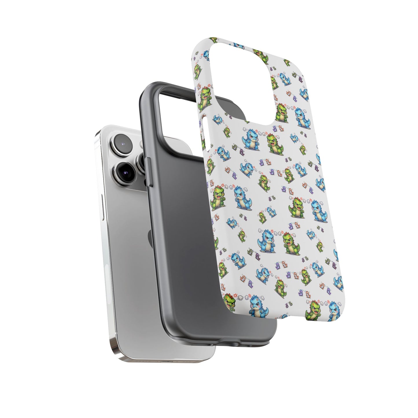 Cute Dino Pattern Phone Case — Cartoon Green & Blue Dino Tough Case, Protective iPhone Cover