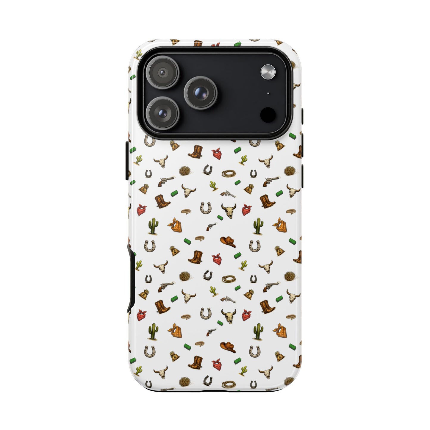 Western Cowboy Pattern Phone Case — Rodeo Hat, Horseshoe & Cactus Tough Case