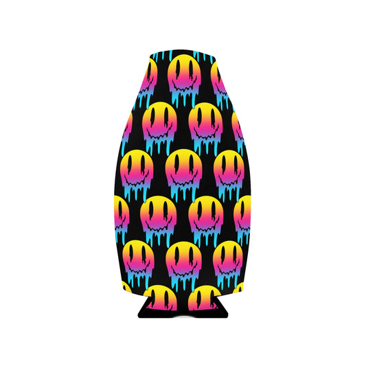 Zip-Up Bottle Cooler Sleeve — Neon Drip Smiley Can Cooler