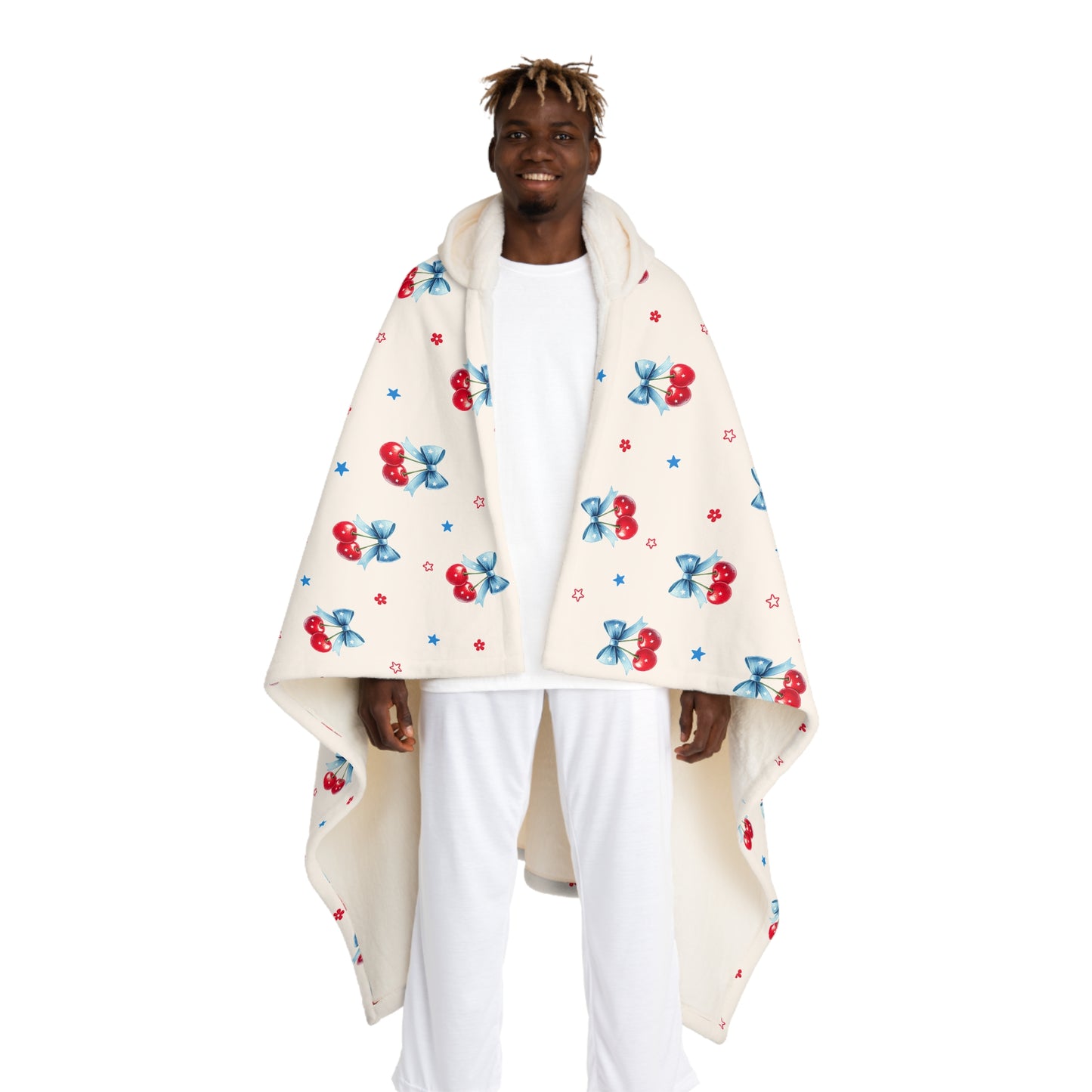 Hooded Sherpa Blanket – Cozy Red & Blue Cherry Fleece Throw
