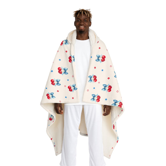 Hooded Sherpa Blanket – Cozy Red & Blue Cherry Fleece Throw