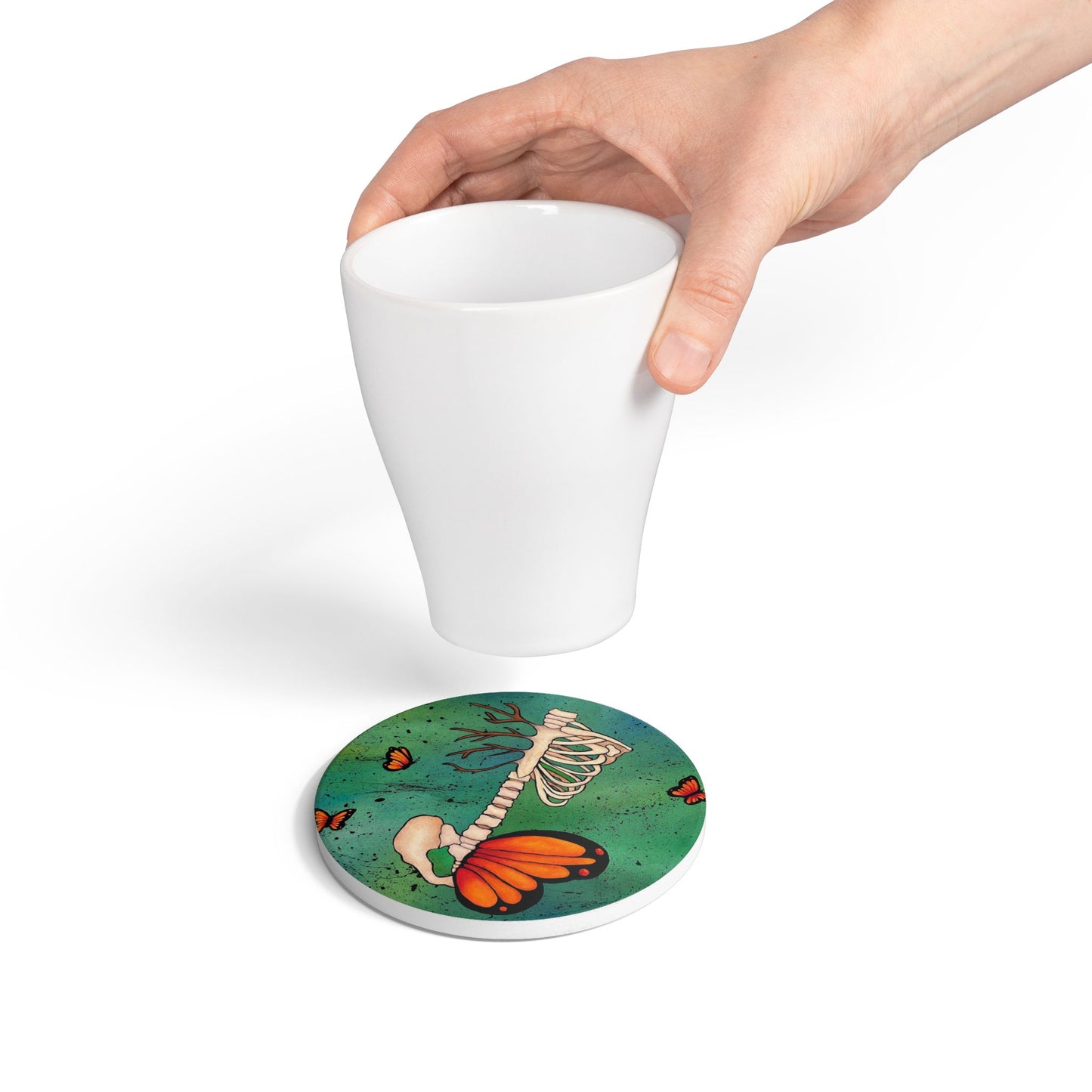 Skeleton & Monarch Butterfly Ceramic Coaster — Gothic Nature Drink Coaster