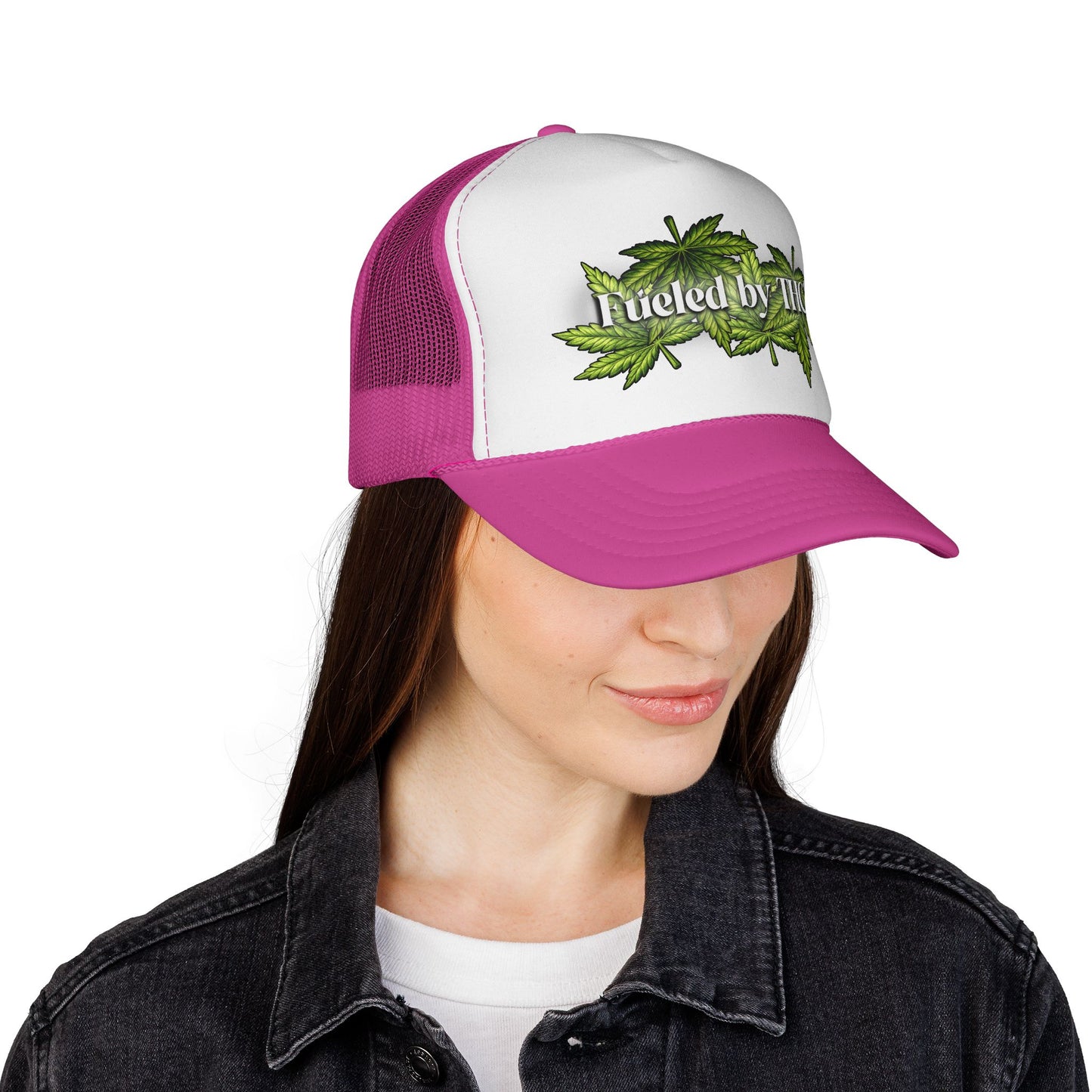 Trucker Cap — "Fueled by THC" Leaf Graphic Mesh Hat