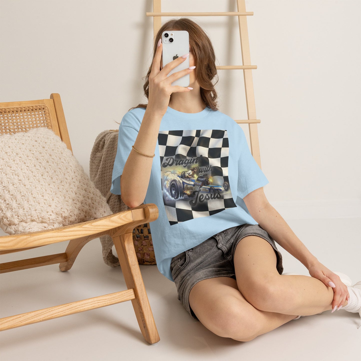 Racing Faith Tee – "Draggin' for Jesus" Checkered Flag Racing T-Shirt