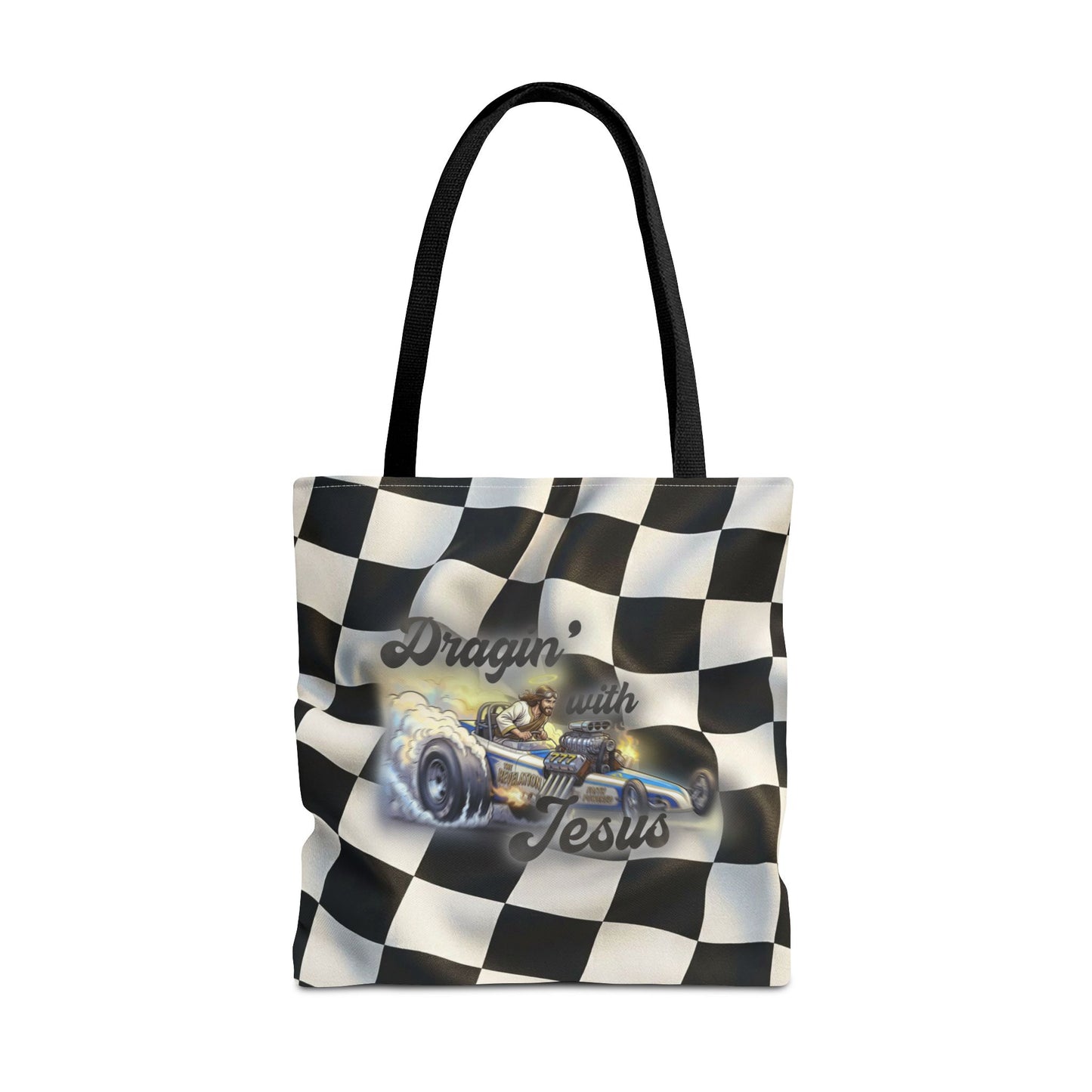 Dragin' Jesus Racing Tote Bag — Checkered Flag Vintage Hot Rod Tote