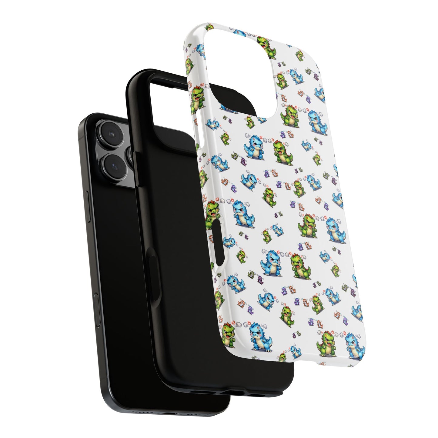 Cute Dino Pattern Phone Case — Cartoon Green & Blue Dino Tough Case, Protective iPhone Cover