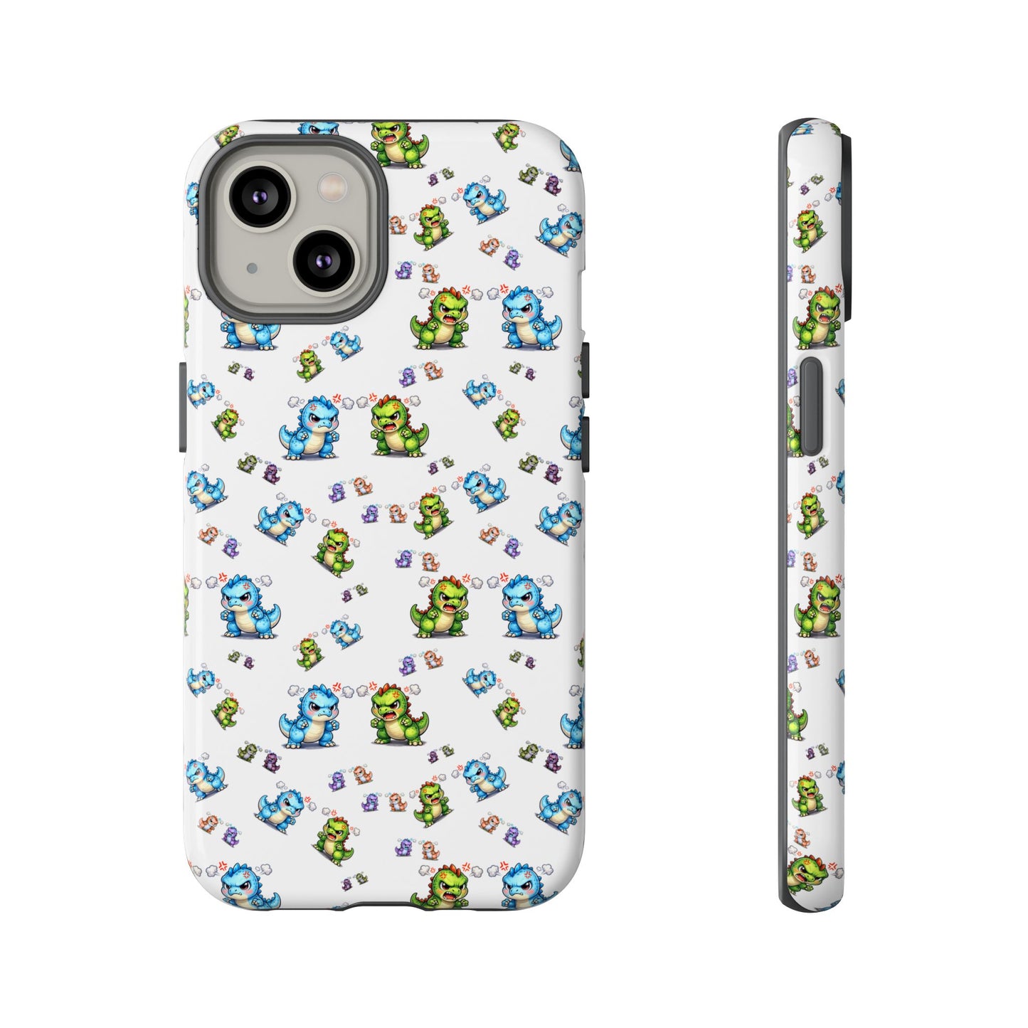 Cute Dino Pattern Phone Case — Cartoon Green & Blue Dino Tough Case, Protective iPhone Cover