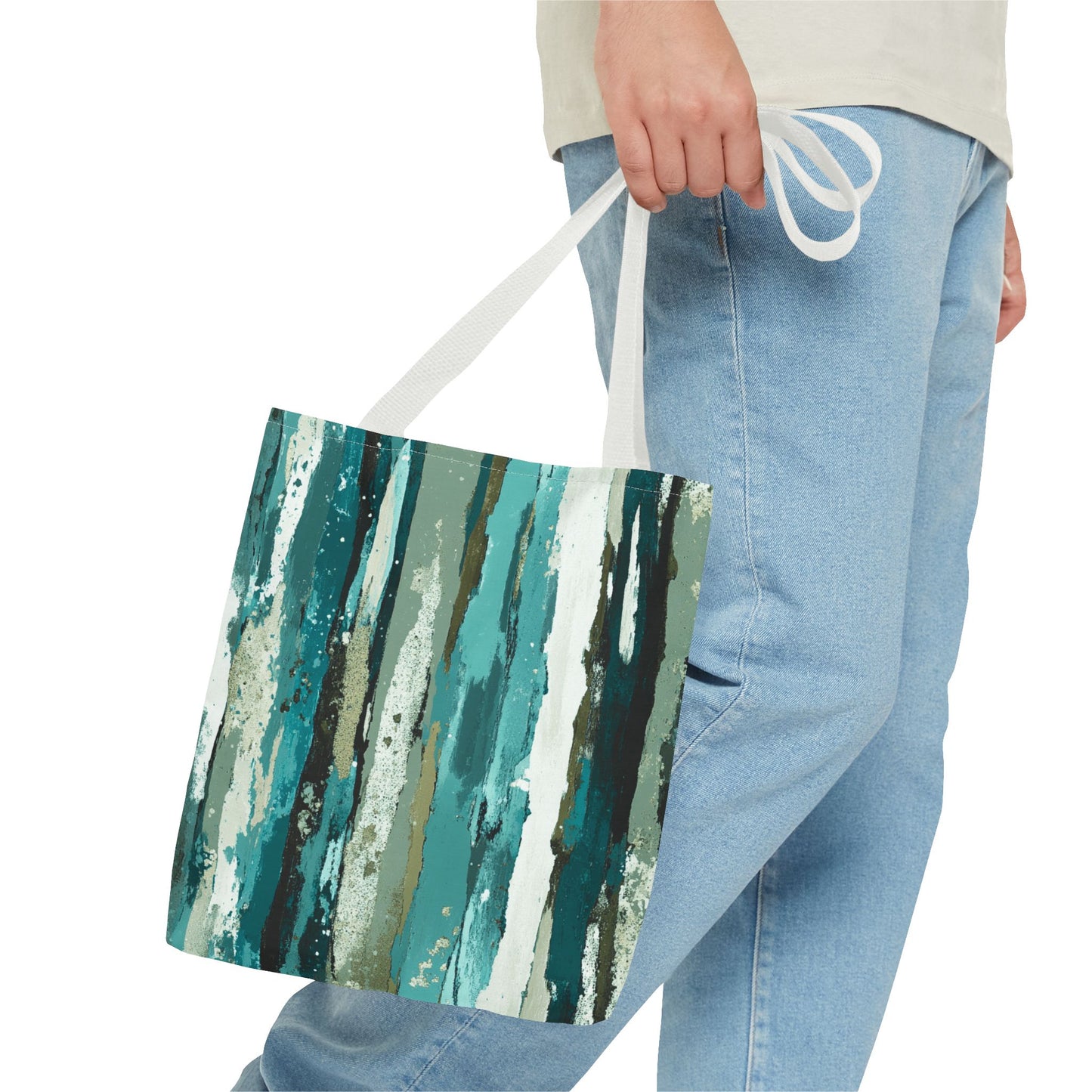 Abstract Teal Stripes Tote Bag — Vertical Brushstroke Pattern